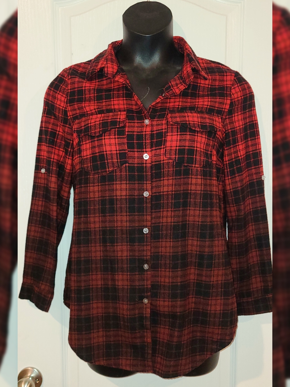 Red and Black Ombre Plaid Button-Up Shirt